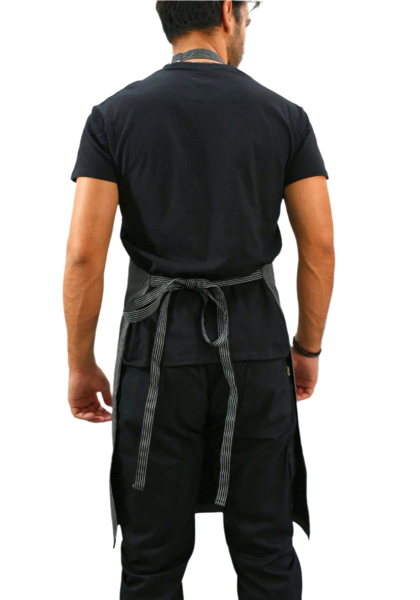 Black Stripped Neck Apron Back