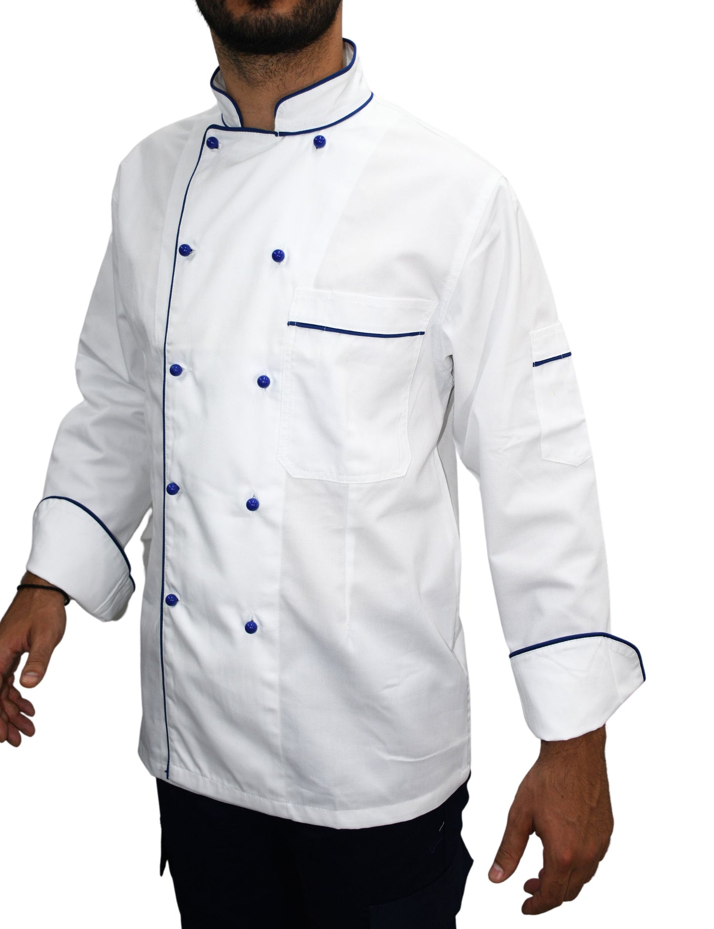 Chef Blouse White with Blue Buttons & Trim