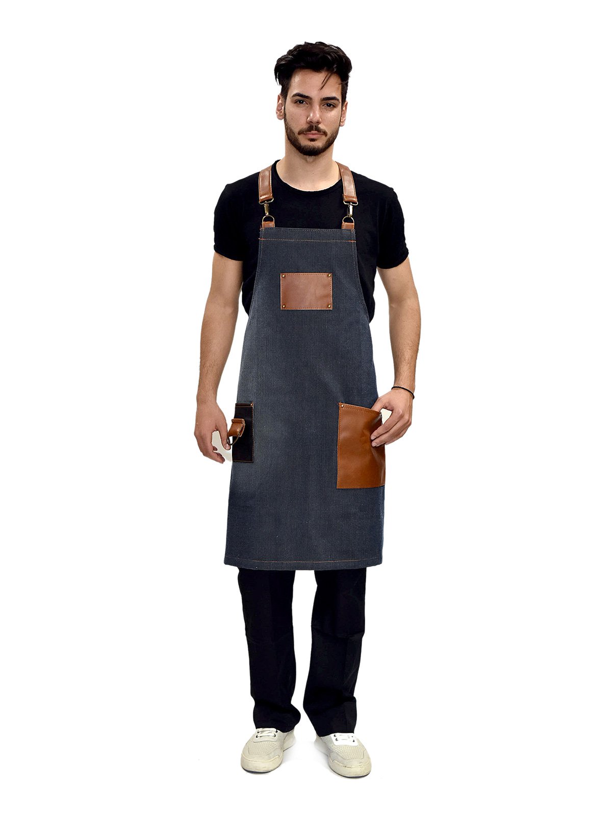 Denim Neck Apron with Leather Pockets
