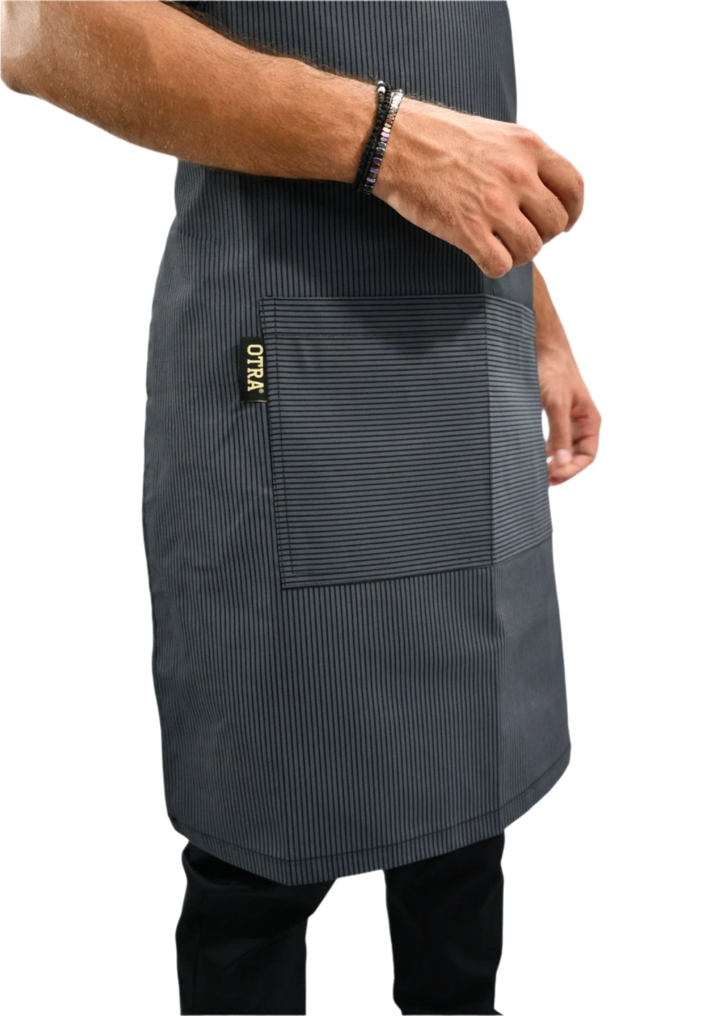 Grey Stripped Neck Apron Detail