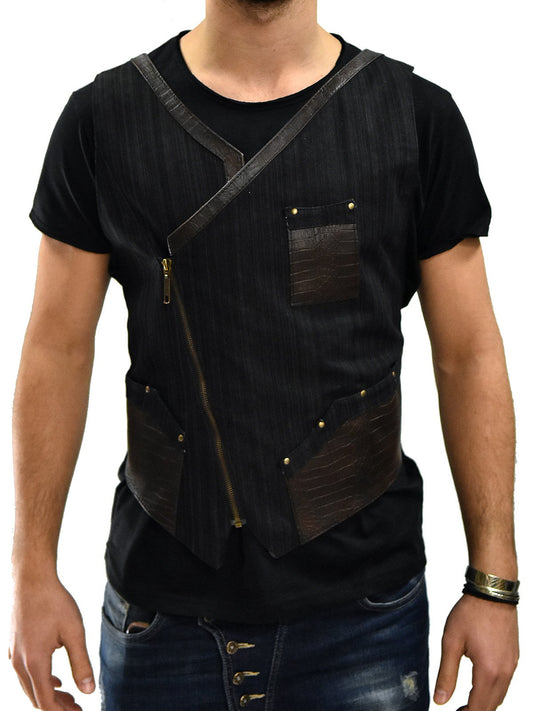 Denim Black Grey Vest With Leather Detail